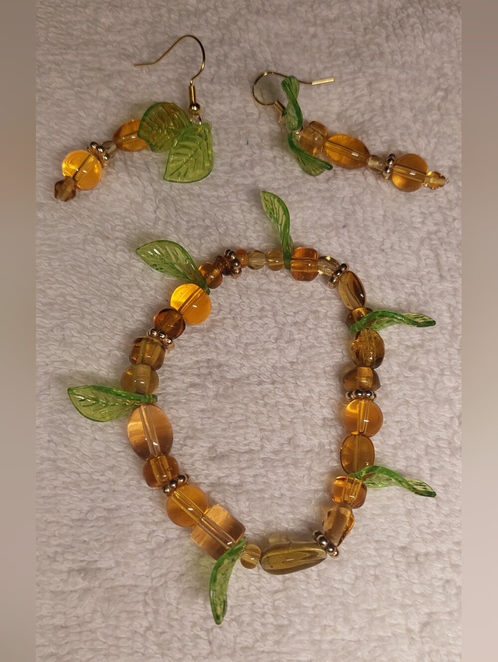 Green Leaf & Amber Glass Bead Bracelet and Earring Set